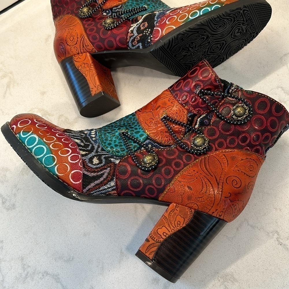 Johnature Leather Mixed Colors Boots Shoes Zip Round Toe Sewing High Heel Ankle - Picture 6 of 16
